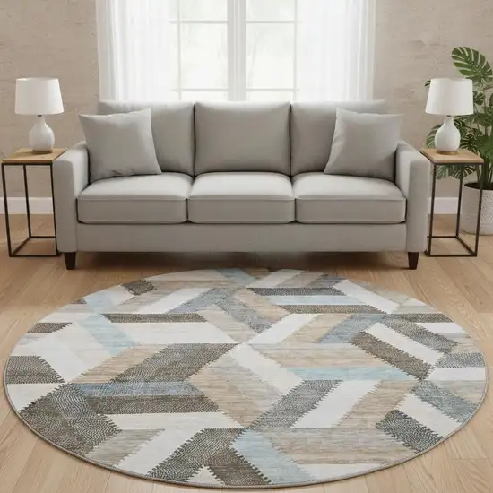 8' X 8' Brown Ivory And Gray Geometric Washable Round Rug With UV Protection Photo 2