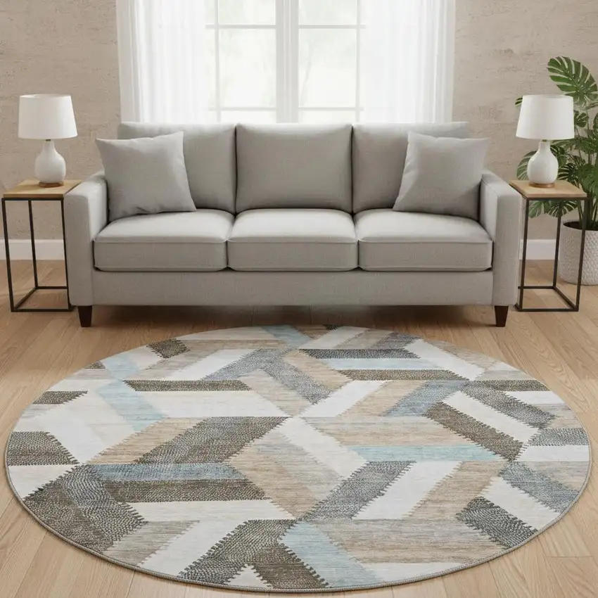 8' X 8' Brown Ivory And Gray Geometric Washable Round Rug With UV Protection Photo 2