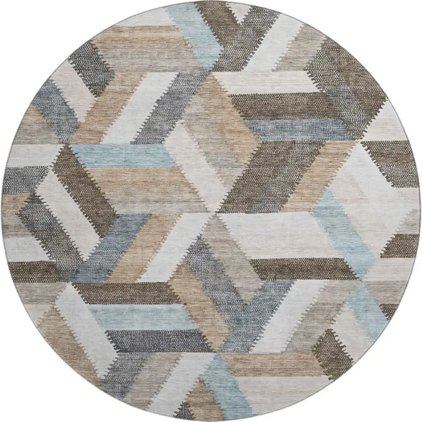 8' X 8' Brown Ivory And Gray Geometric Washable Round Rug With UV Protection Photo 1