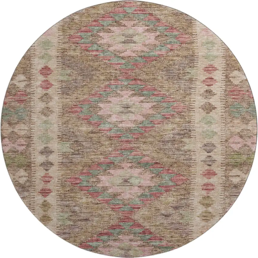 8' X 8' Brown Pink And Teal Geometric Washable Round Rug With UV Protection Photo 1