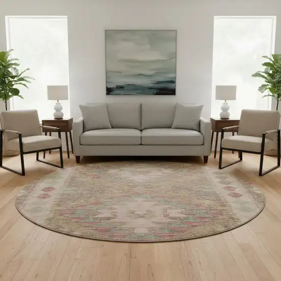 8' X 8' Brown Pink And Teal Geometric Washable Round Rug With UV Protection Photo 2