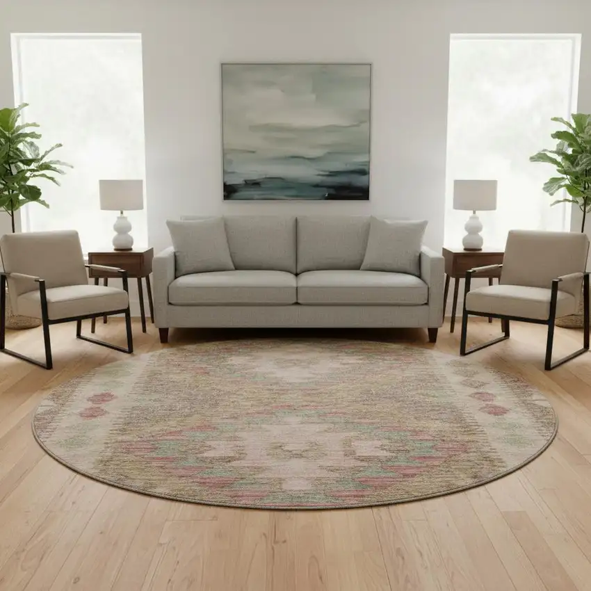 8' X 8' Brown Pink And Teal Geometric Washable Round Rug With UV Protection Photo 2