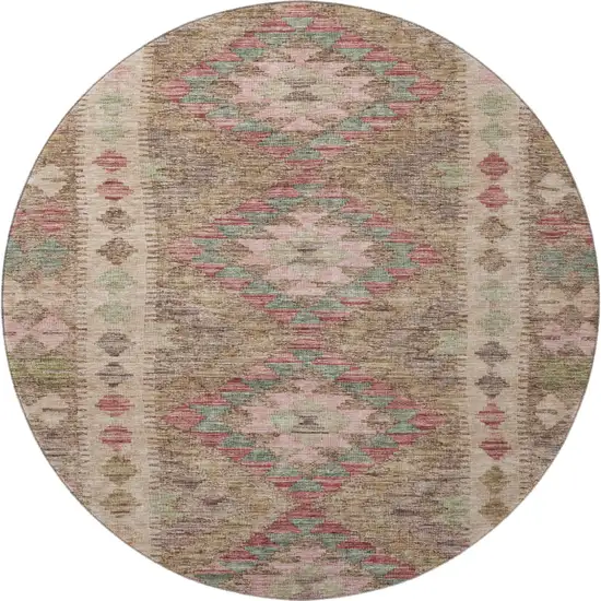 8' X 8' Brown Pink And Teal Geometric Washable Round Rug With UV Protection Photo 4