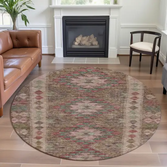 8' X 8' Brown Pink And Teal Geometric Washable Round Rug With UV Protection Photo 5