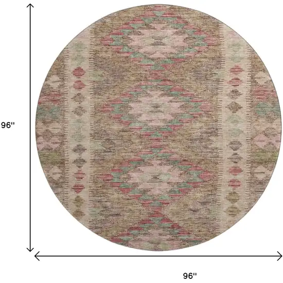 8' X 8' Brown Pink And Teal Geometric Washable Round Rug With UV Protection Photo 9