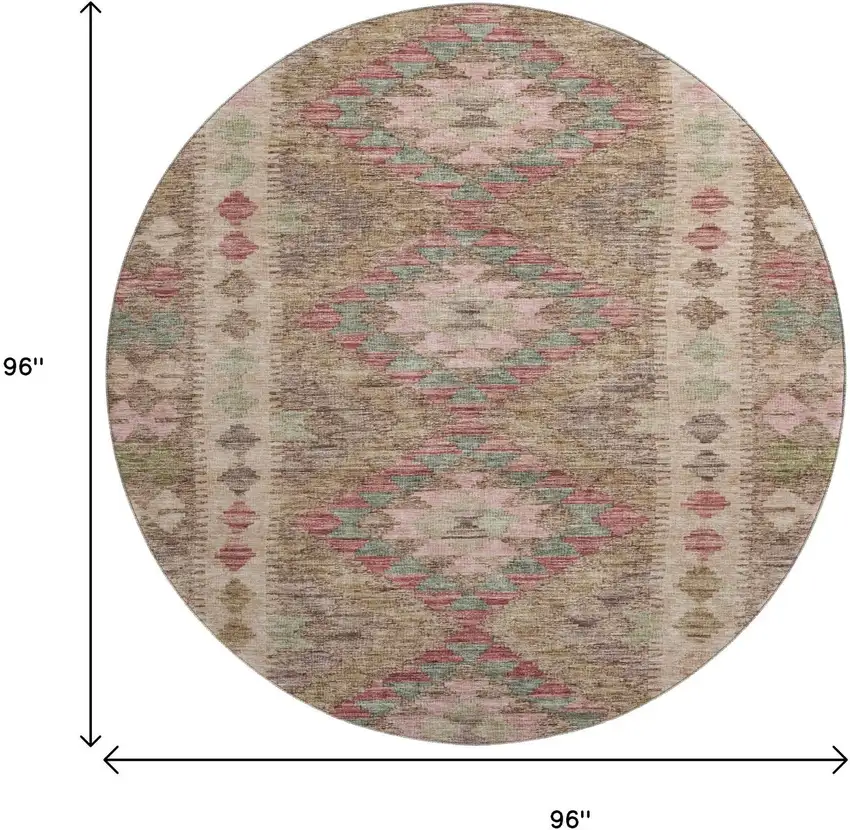 8' X 8' Brown Pink And Teal Geometric Washable Round Rug With UV Protection Photo 9