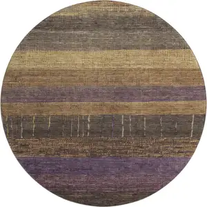 Photo of 8' X 8' Brown Plum And Gold Striped Washable Round Rug With UV Protection