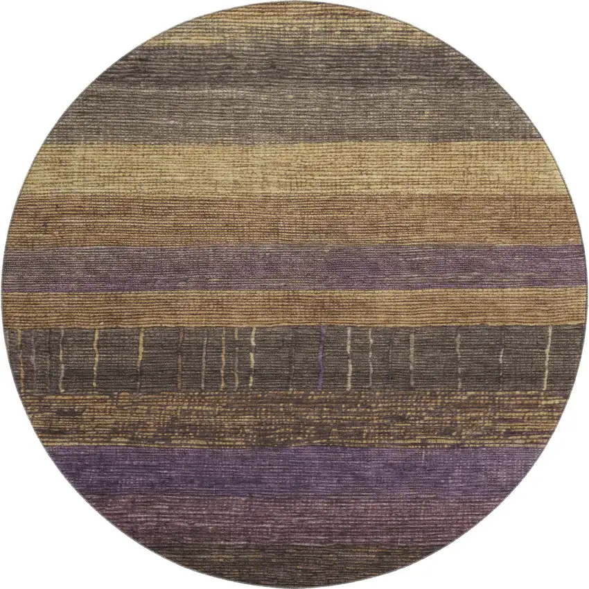 8' X 8' Brown Plum And Gold Striped Washable Round Rug With UV Protection Photo 1