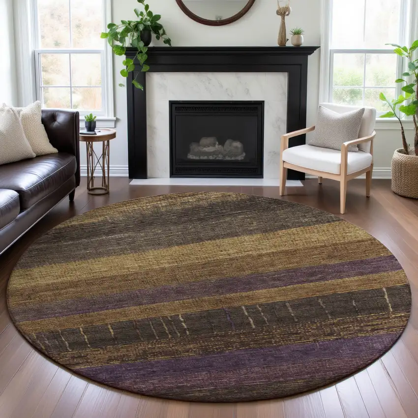 8' X 8' Brown Plum And Gold Striped Washable Round Rug With UV Protection Photo 4