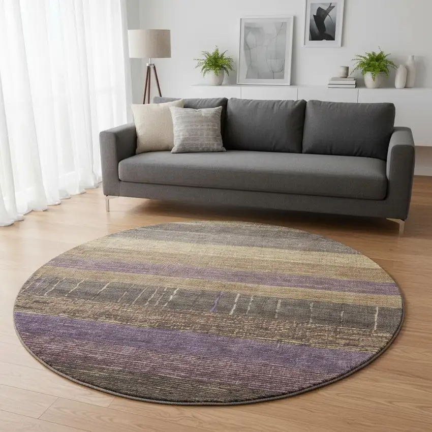 8' X 8' Brown Plum And Gold Striped Washable Round Rug With UV Protection Photo 2