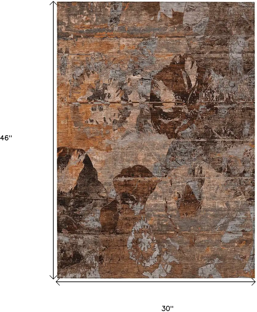 3' X 4' Brown Terracotta and Gray Floral Washable Non Skid Indoor Outdoor Area Rug Photo 3