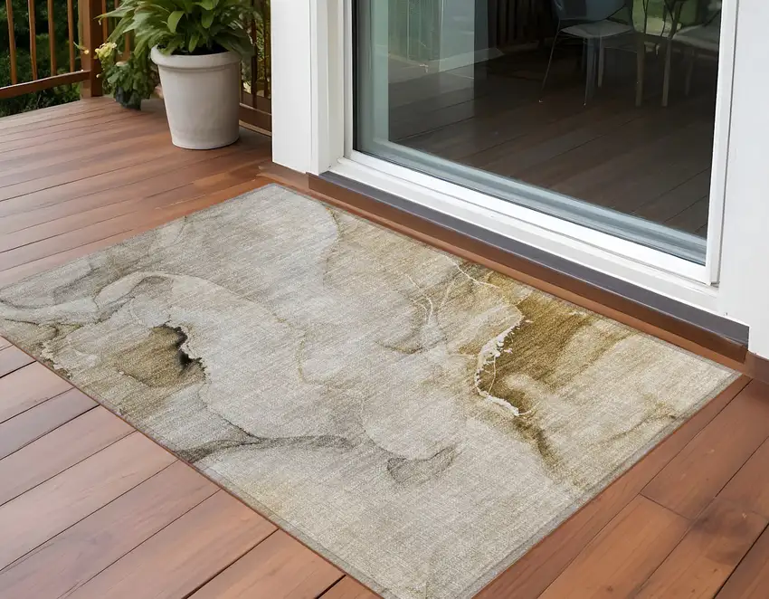 Beige and Brown Abstract Washable Indoor Outdoor Area Rug Photo 1
