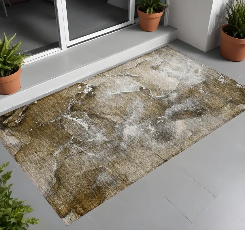 Brown and Gray Abstract Washable Non Skid Indoor Outdoor Area Rug Photo 1