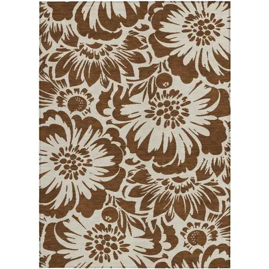 3' X 4' Brown and Ivory Floral Washable Non Skid Indoor Outdoor Area Rug Photo 3