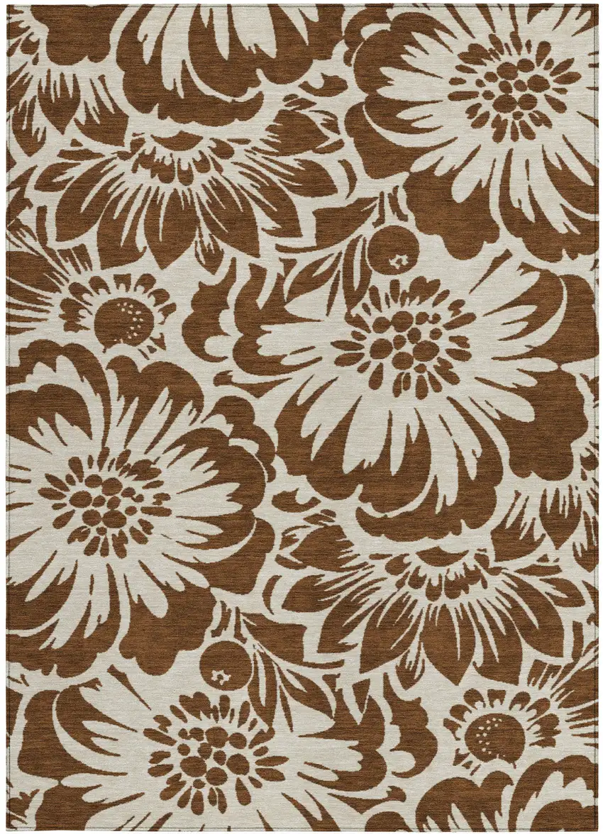 3' X 4' Brown and Ivory Floral Washable Non Skid Indoor Outdoor Area Rug Photo 3