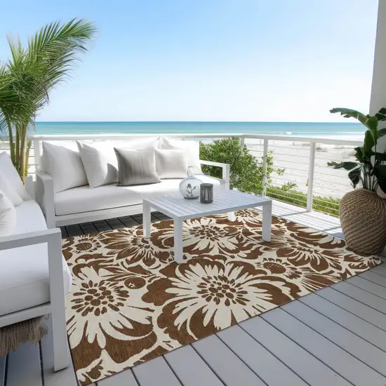 Brown and Ivory Floral Washable Non Skid Indoor Outdoor Area Rug Photo 8