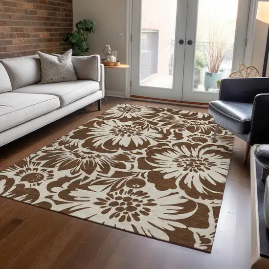 Brown and Ivory Floral Washable Non Skid Indoor Outdoor Area Rug Photo 9