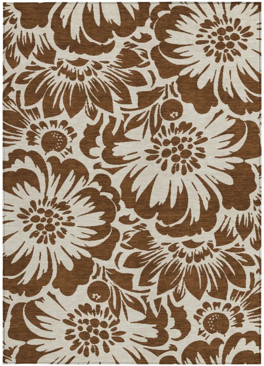 Brown and Ivory Floral Washable Non Skid Indoor Outdoor Area Rug Photo 4