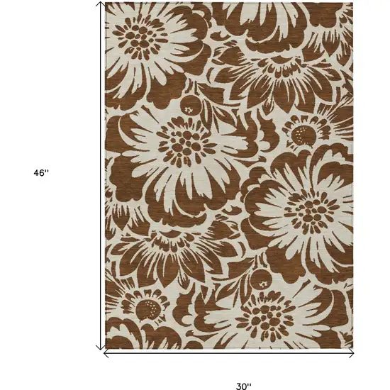 Brown and Ivory Floral Washable Non Skid Indoor Outdoor Area Rug Photo 3