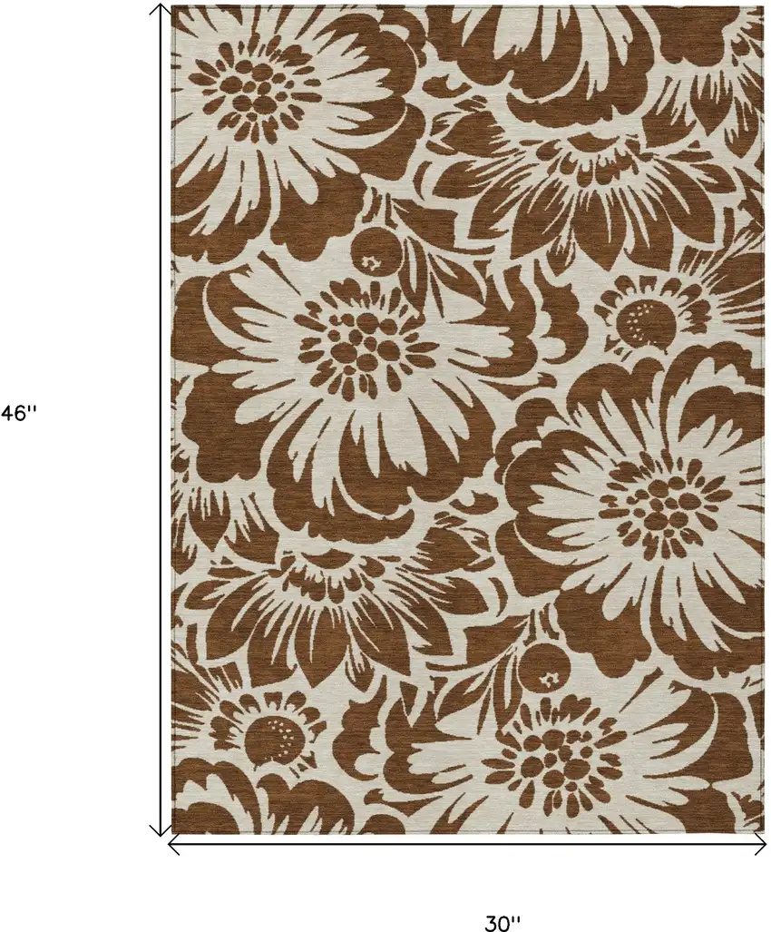 Brown and Ivory Floral Washable Non Skid Indoor Outdoor Area Rug Photo 3