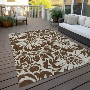 Photo of 3' X 5' Brown and Ivory Floral Washable Non Skid Indoor Outdoor Area Rug