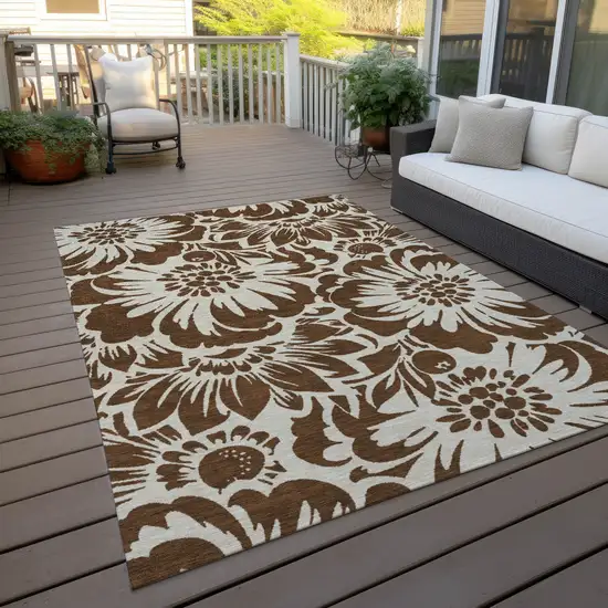 3' X 5' Brown and Ivory Floral Washable Non Skid Indoor Outdoor Area Rug Photo 9