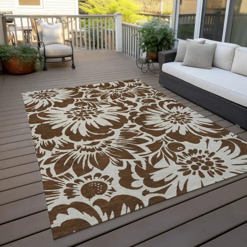 3' X 5' Brown and Ivory Floral Washable Non Skid Indoor Outdoor Area Rug Photo 9
