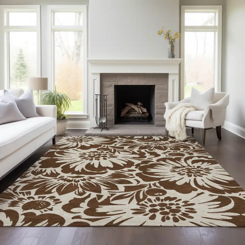 Brown And Ivory Floral Washable Indoor Outdoor Area Rug Photo 9