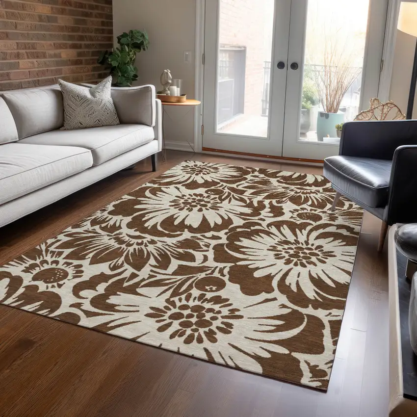 3' X 5' Brown and Ivory Floral Washable Non Skid Indoor Outdoor Area Rug Photo 9