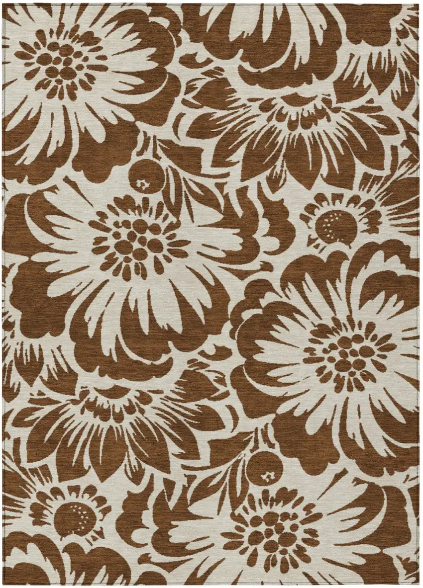 Brown and Ivory Floral Washable Non Skid Indoor Outdoor Area Rug Photo 2