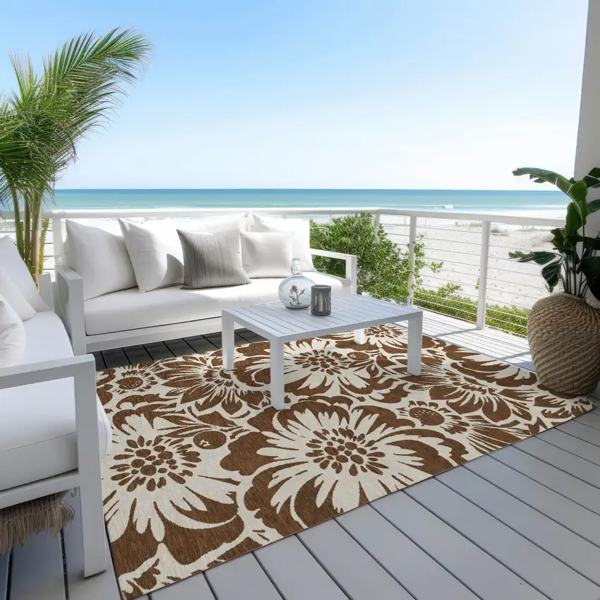Brown and Ivory Floral Washable Non Skid Indoor Outdoor Area Rug Photo 8