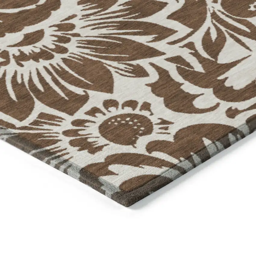 Brown and Ivory Floral Washable Non Skid Indoor Outdoor Area Rug Photo 6