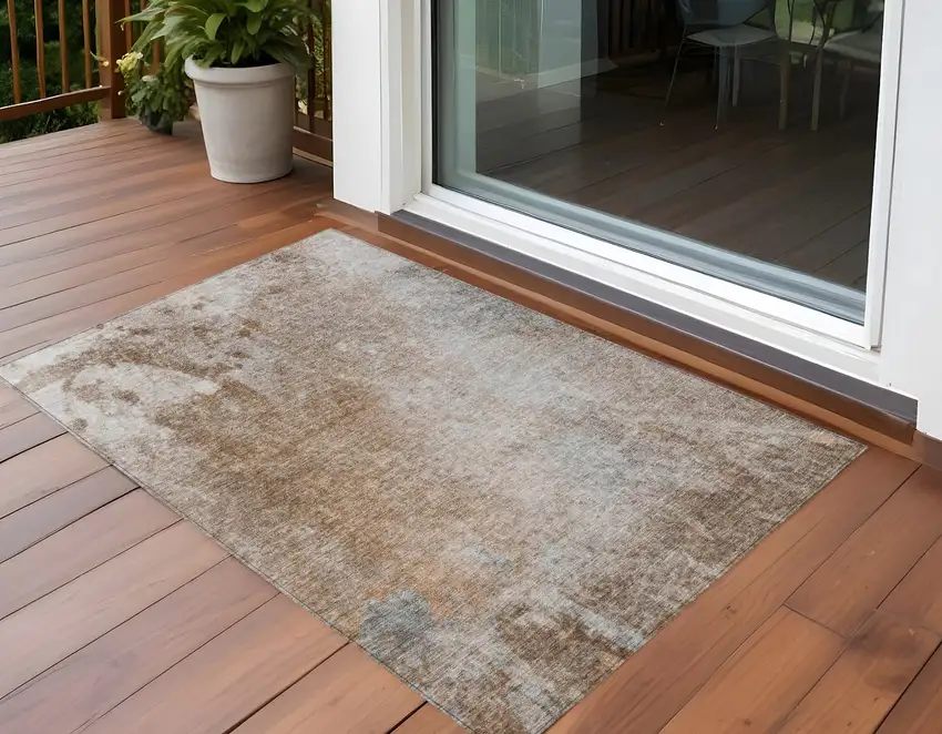 Brown and Off White Abstract Washable Non Skid Indoor Outdoor Area Rug Photo 1