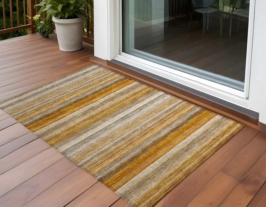 Brown and Orange Striped Washable Non Skid Indoor Outdoor Area Rug Photo 1