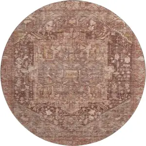 Photo of 8' X 8' Burgundy Ivory And Gold Oriental Washable Round Rug With UV Protection
