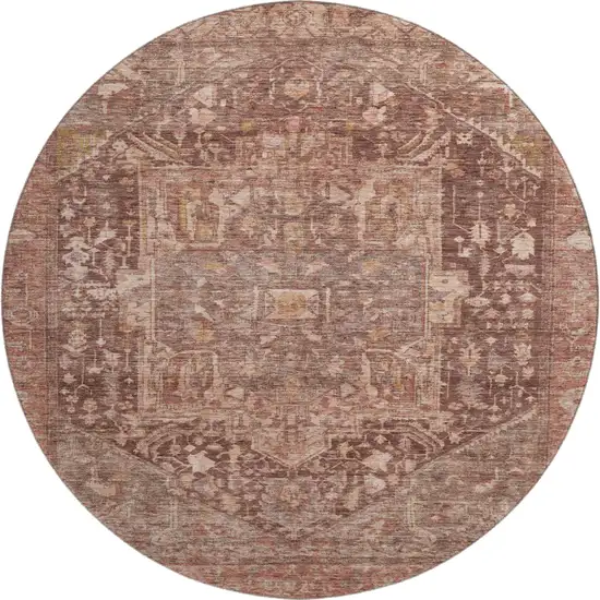 8' X 8' Burgundy Ivory And Gold Oriental Washable Round Rug With UV Protection Photo 1