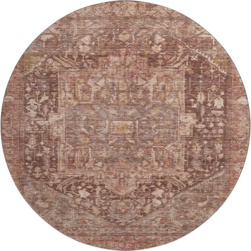 8' X 8' Burgundy Ivory And Gold Oriental Washable Round Rug With UV Protection Photo 1