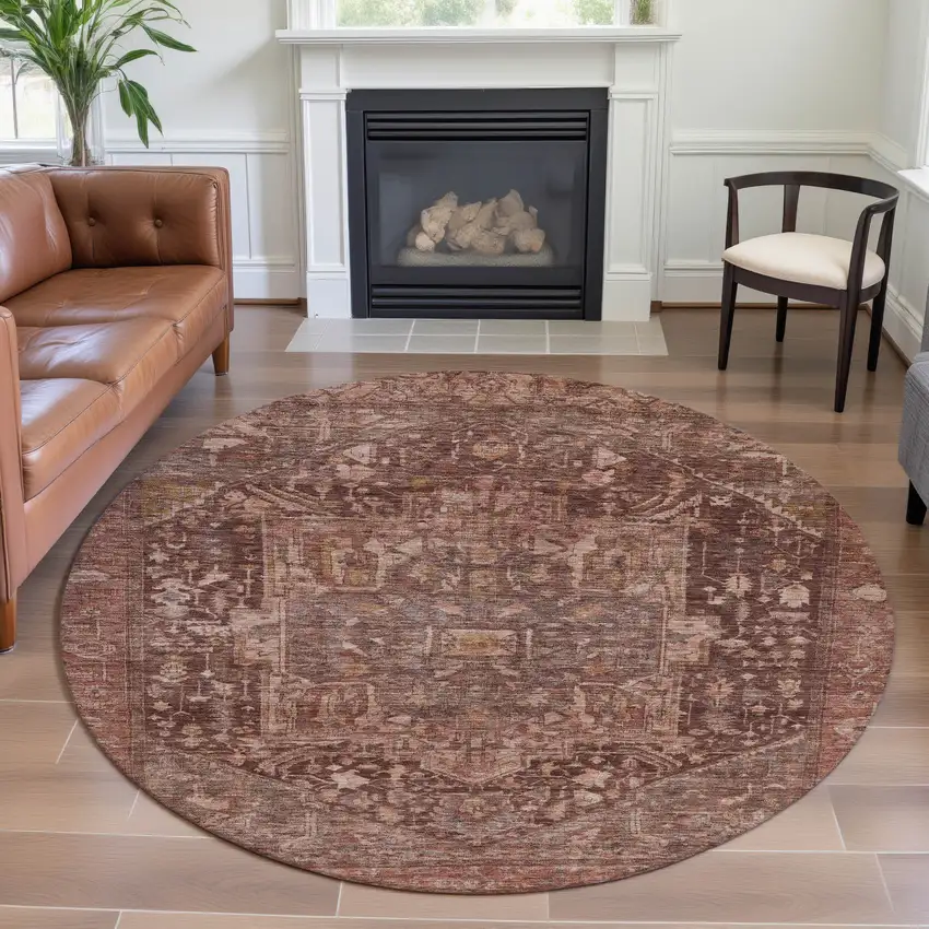 8' X 8' Burgundy Ivory And Gold Oriental Washable Round Rug With UV Protection Photo 4