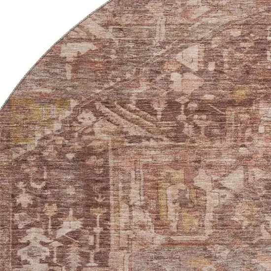 8' X 8' Burgundy Ivory And Gold Oriental Washable Round Rug With UV Protection Photo 2