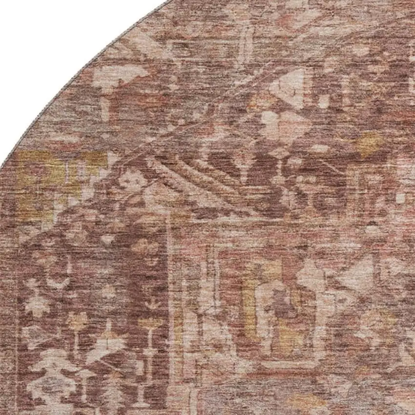 8' X 8' Burgundy Ivory And Gold Oriental Washable Round Rug With UV Protection Photo 2