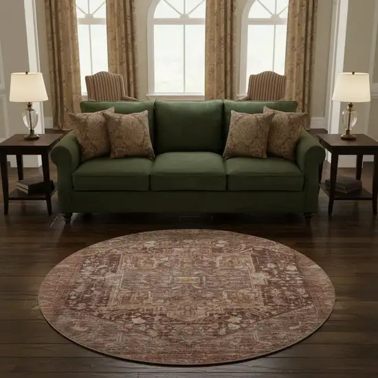 8' X 8' Burgundy Ivory And Gold Oriental Washable Round Rug With UV Protection Photo 2