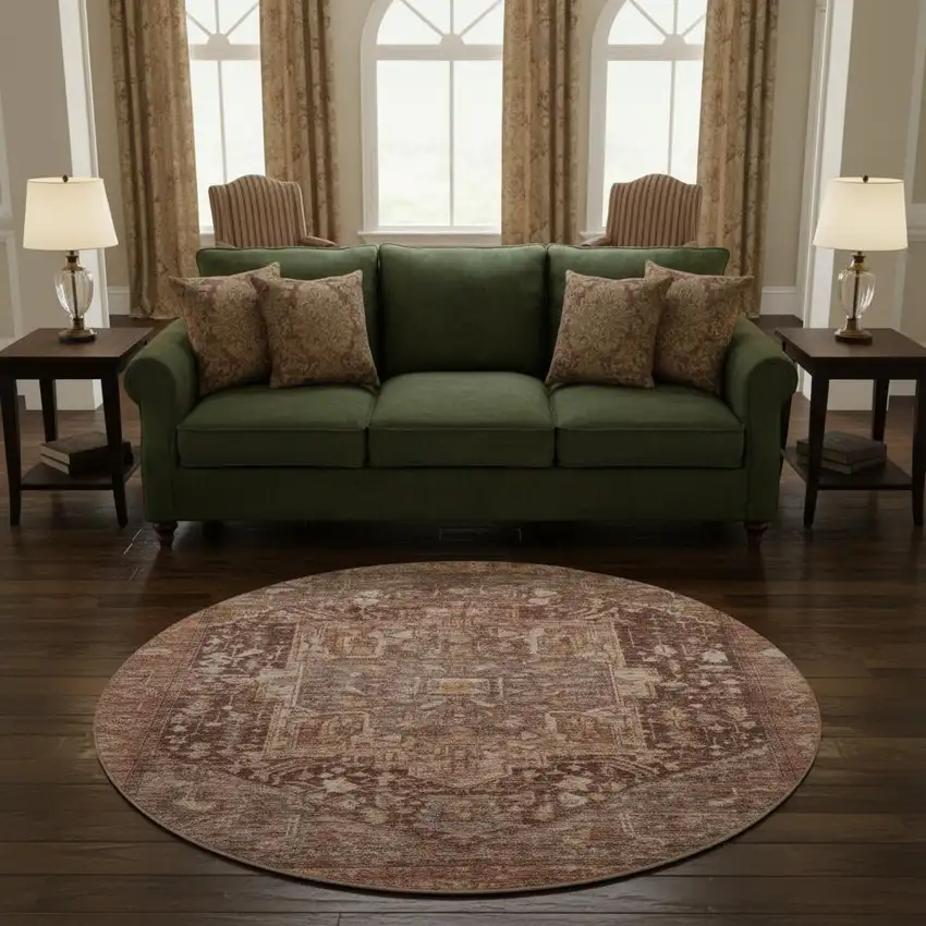 8' X 8' Burgundy Ivory And Gold Oriental Washable Round Rug With UV Protection Photo 2