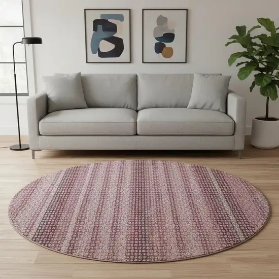 8' X 8' Burgundy Merlot And Pink Striped Washable Round Rug With UV Protection Photo 2