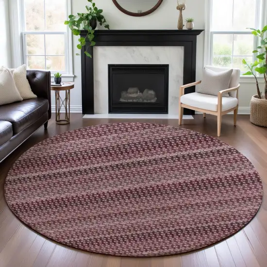 8' X 8' Burgundy Merlot And Pink Striped Washable Round Rug With UV Protection Photo 4