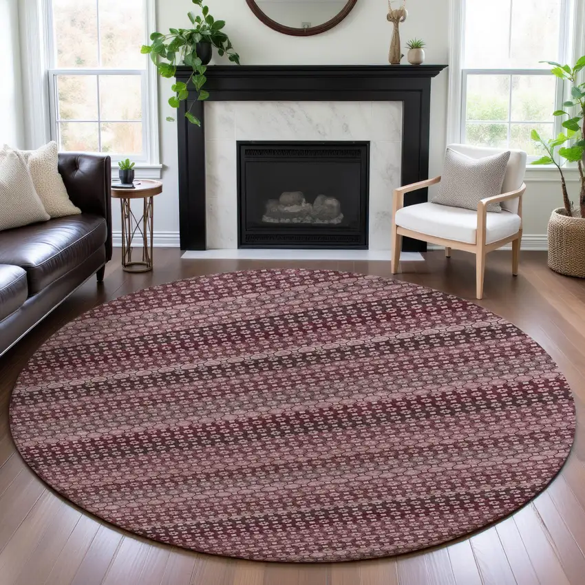 8' X 8' Burgundy Merlot And Pink Striped Washable Round Rug With UV Protection Photo 4