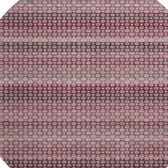 8' X 8' Burgundy Merlot And Pink Striped Washable Round Rug With UV Protection Photo 2