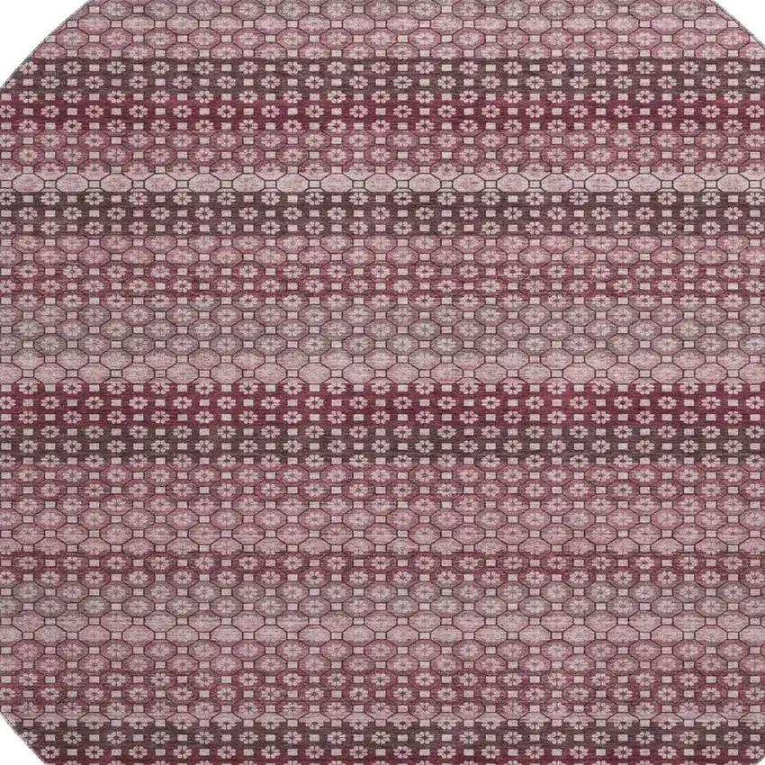 8' X 8' Burgundy Merlot And Pink Striped Washable Round Rug With UV Protection Photo 2
