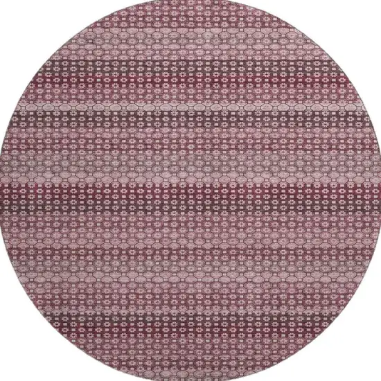 8' X 8' Burgundy Merlot And Pink Striped Washable Round Rug With UV Protection Photo 3