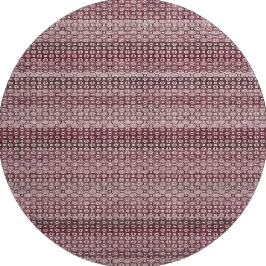 8' X 8' Burgundy Merlot And Pink Striped Washable Round Rug With UV Protection Photo 3