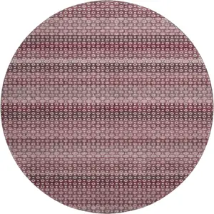 Photo of 8' X 8' Burgundy Merlot And Pink Striped Washable Round Rug With UV Protection